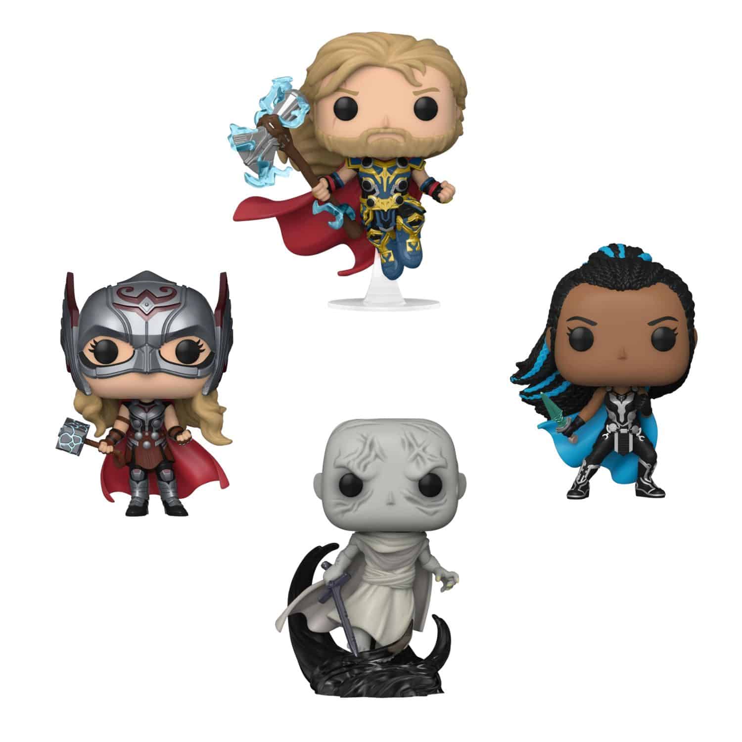 figure_funko_pop_marvel_thor_love_and_thunder_4_pack Funko POP! Thor: Love & Thunder - Thor, Mighty Thor, Valkyrie & Gorr 4-Pack (Exclusive) - Image 1