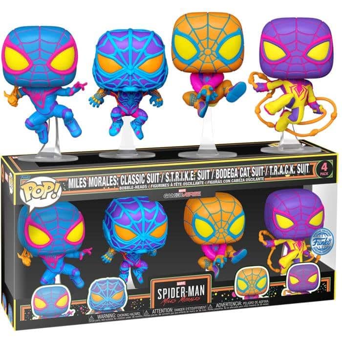 253724-0-0000-figoures-funko-pop-marvel-miles-morales-classic-suit-s-t-r-i-k-e-suit-bodega-cat-suit-t-r-a-c-k-suit-black-light-4-pack-exclusive Funko POP! Marvel - Miles Morales: Classic Suit, S.T.R.I.K.E. Suit, Bodega Cat Suit, T.R.A.C.K. Suit (Black Light) 4-Pack (Exclusive) - Image 1